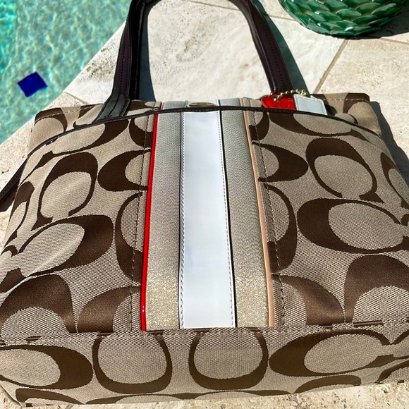 Coach Signature C Khaki/Vermillion Multi Stripe Tote/Shoulder Bag - Picture 9 of 17